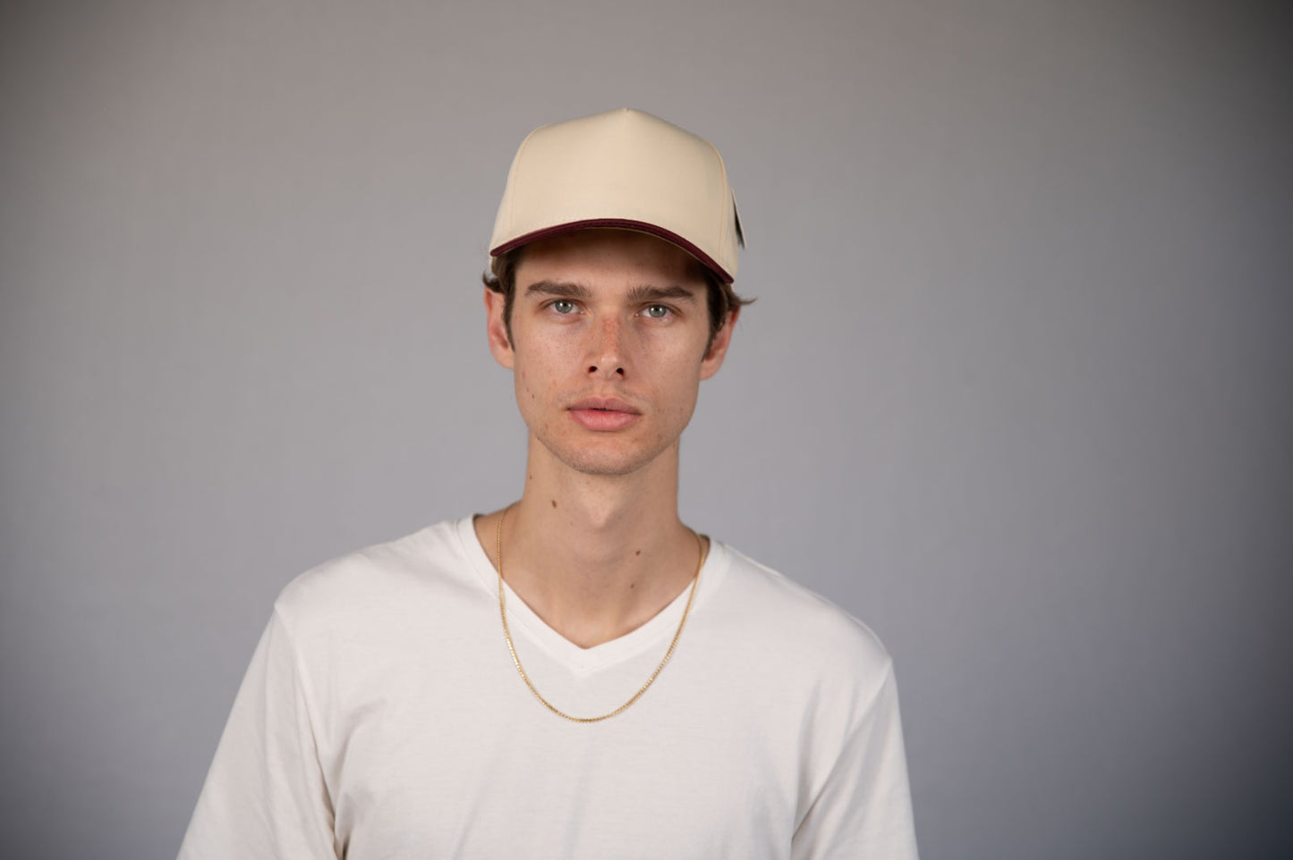 5-Panel Snapback (Curved Bill) — Natural / Burgundy Bill — Dozen Pack