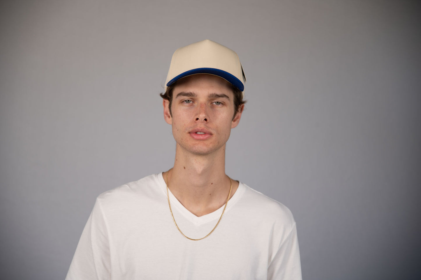 5-Panel Snapback (Curved Bill) — Natural / Blue Bill — Dozen Pack