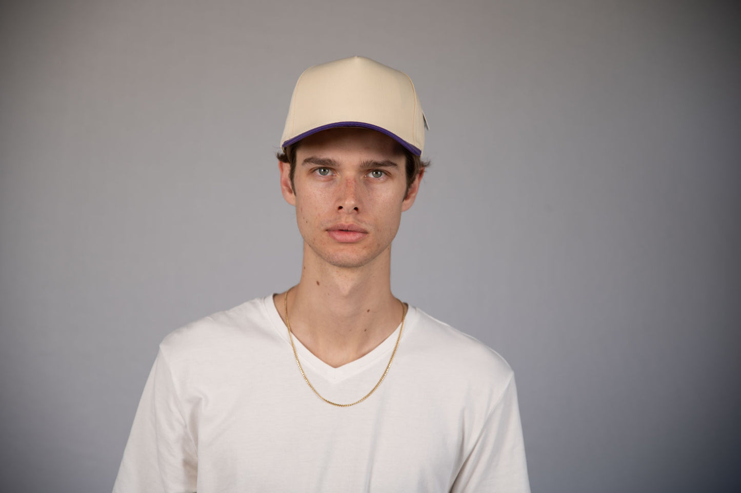 5-Panel Snapback (Curved Bill) — Natural / Dark Purple Bill — Dozen Pack