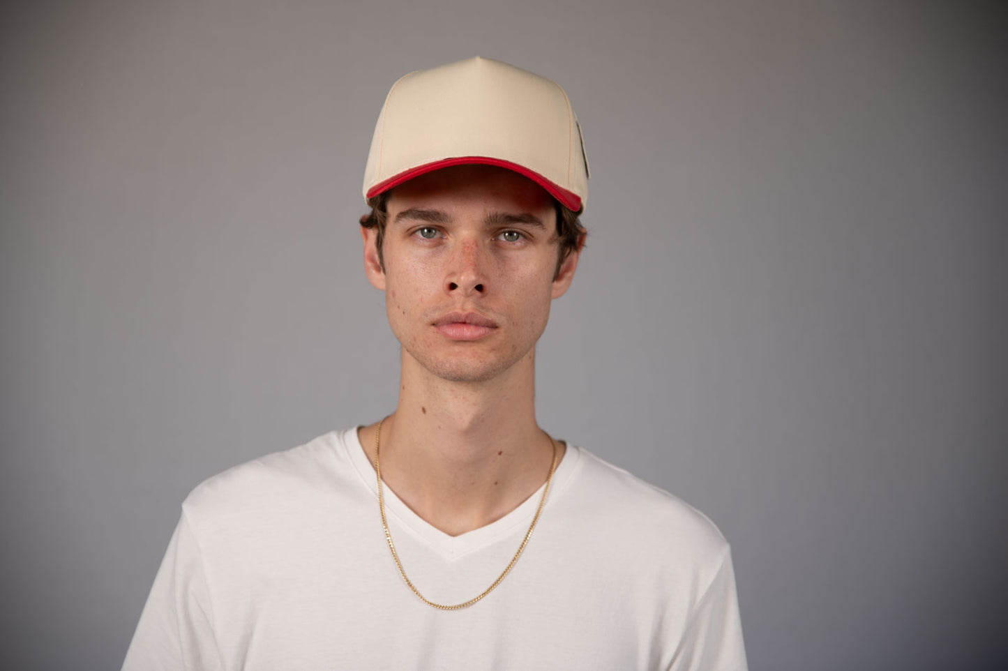 5-Panel Snapback (Curved Bill) — Natural / Red Bill — Dozen Pack