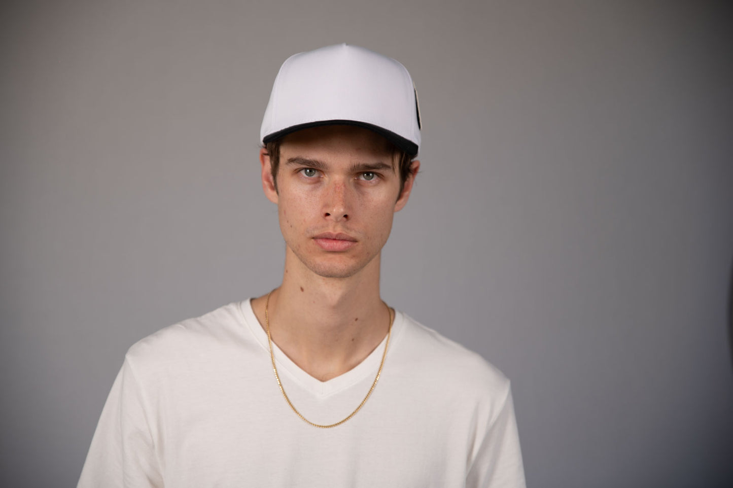 5-Panel Snapback (Curved Bill) — White / Black Bill — Dozen Pack