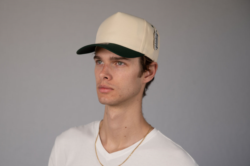 5-Panel Snapback (Curved Bill) — Natural / Dark Green Bill — Dozen Pack