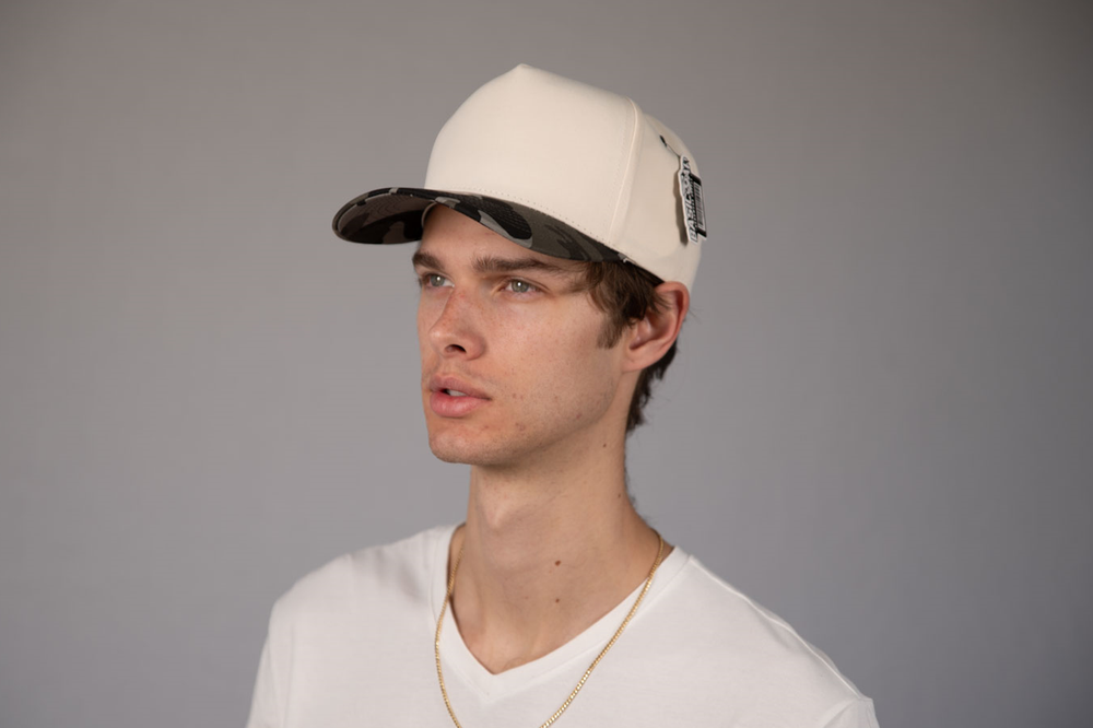 5-Panel Snapback (Curved Bill) — Natural / Grey Camo Bill — Dozen Pack