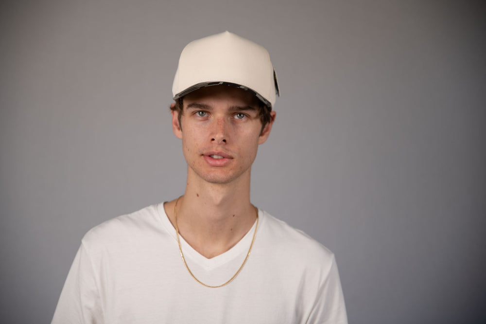 5-Panel Snapback (Curved Bill) — Natural / Grey Camo Bill — Dozen Pack secondary