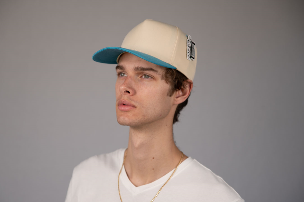 5-Panel Snapback (Curved Bill) — Natural / Light Blue Bill — Dozen Pack