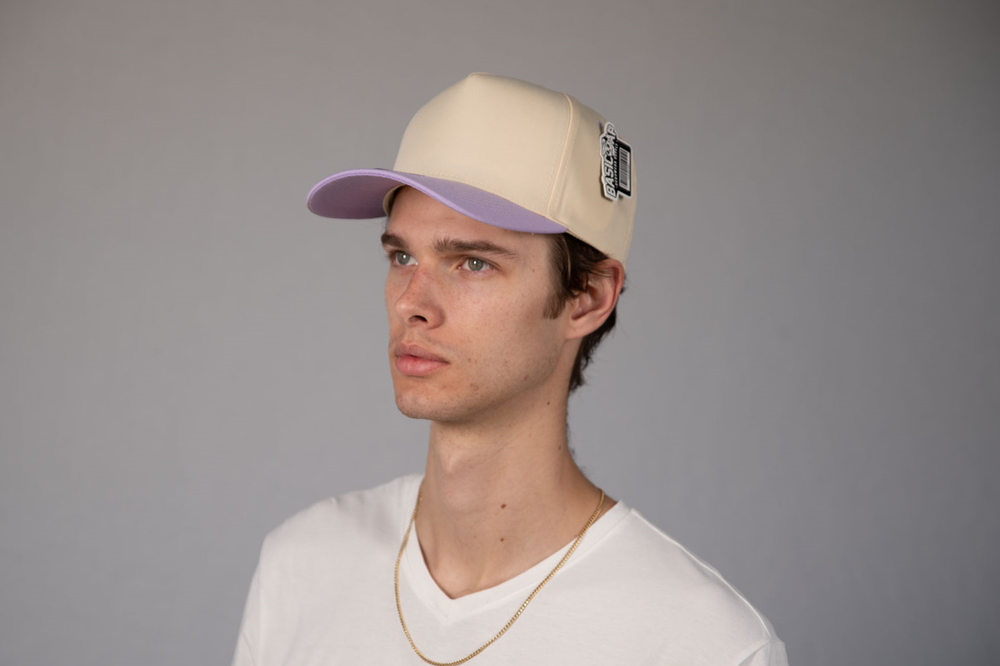 5-Panel Snapback (Curved Bill) — Natural / Light Purple Bill — Dozen Pack