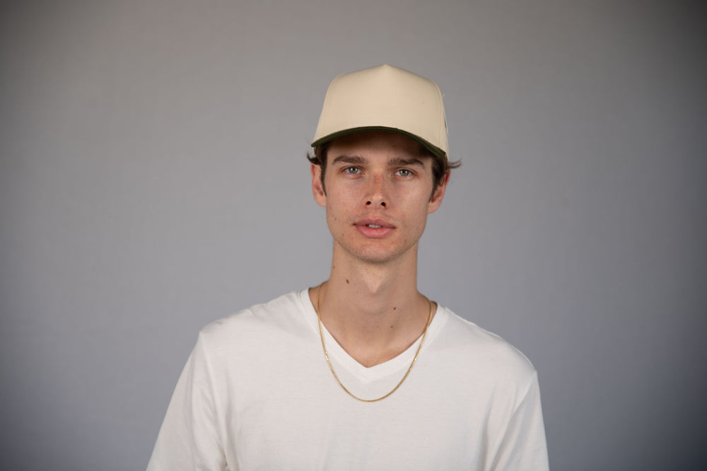 5-Panel Snapback (Curved Bill) — Natural / Olive Bill — Dozen Pack secondary