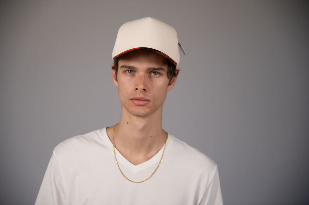 5-Panel Snapback (Curved Bill) — Natural / Orange Camo Bill — Dozen Pack secondary