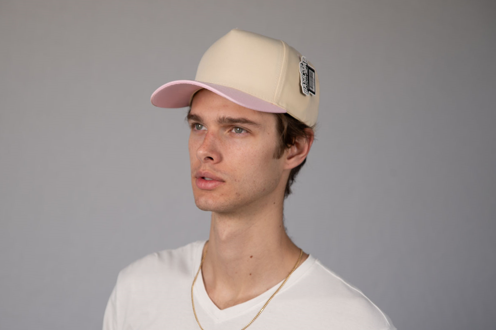 5-Panel Snapback (Curved Bill) — Natural / Pink Bill — Dozen Pack