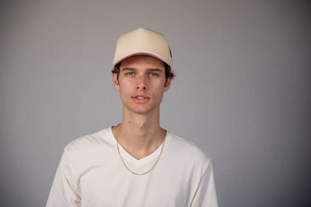 5-Panel Snapback (Curved Bill) — Natural / Pink Bill — Dozen Pack secondary