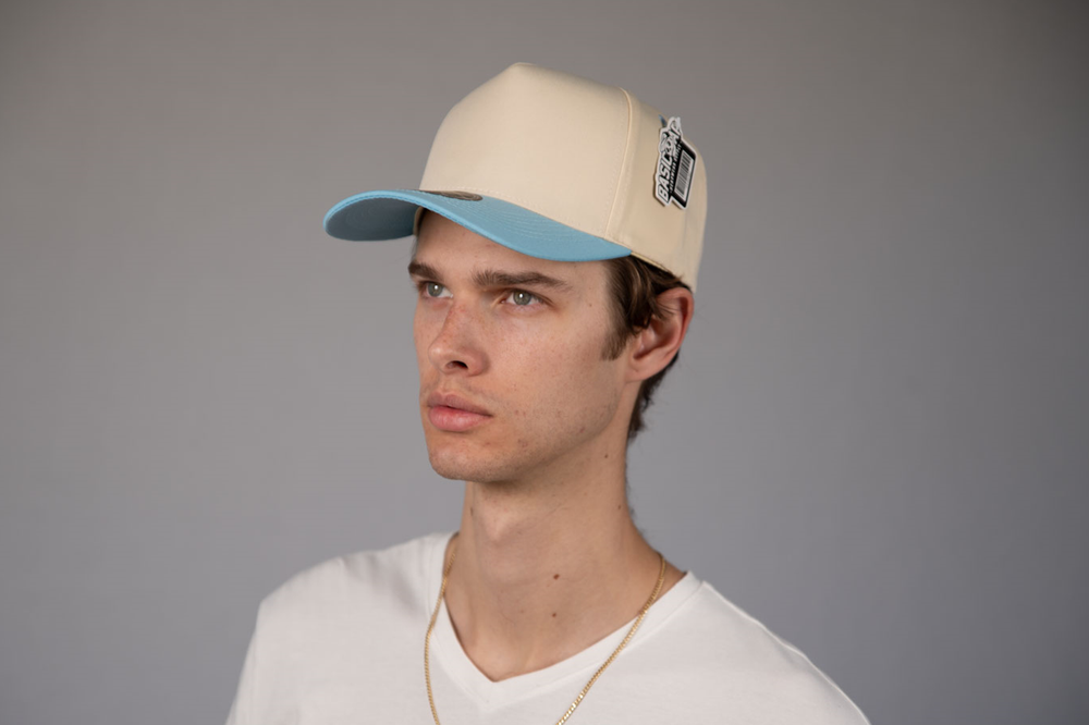 5-Panel Snapback (Curved Bill) — Natural / Sky Blue Bill — Dozen Pack