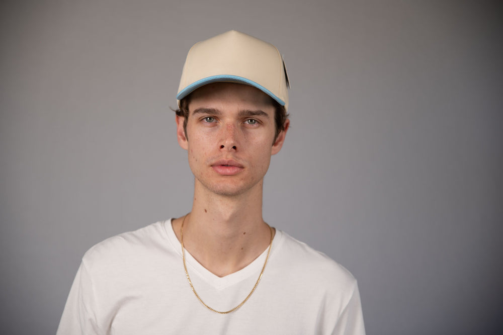 5-Panel Snapback (Curved Bill) — Natural / Sky Blue Bill — Dozen Pack secondary