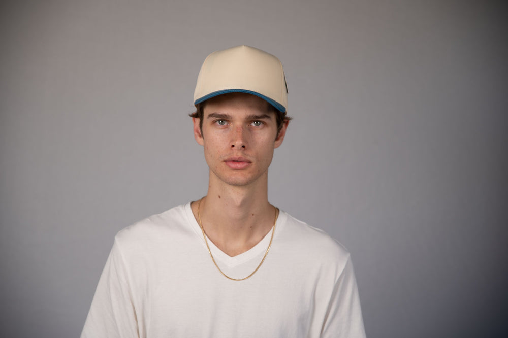 5-Panel Snapback (Curved Bill) — Natural / Turquoise Bill — Dozen Pack secondary