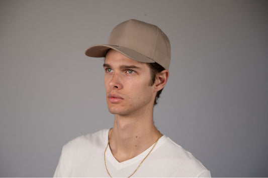 5-Panel Snapback (Curved Bill) — Tan — Dozen Pack