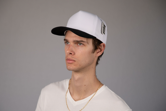 5-Panel Snapback (Curved Bill) — White / Black Bill — Dozen Pack