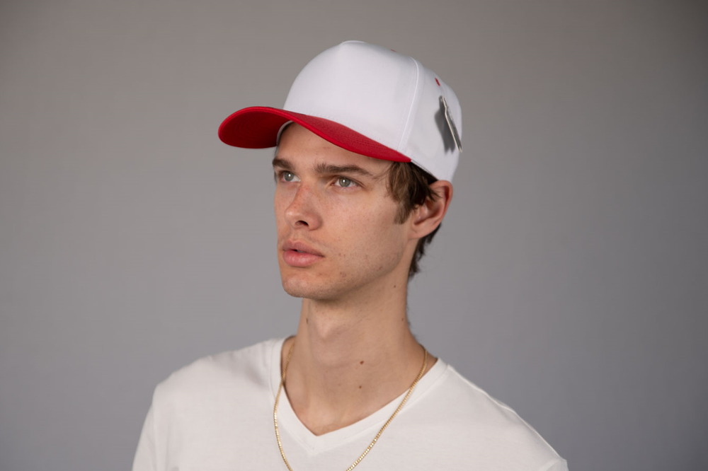 5-Panel Snapback (Curved Bill) — White / Red Bill — Dozen Pack