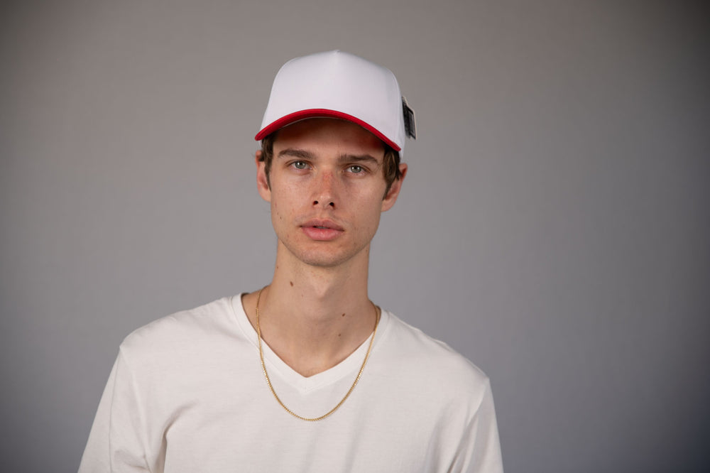 5-Panel Snapback (Curved Bill) — White / Red Bill — Dozen Pack secondary