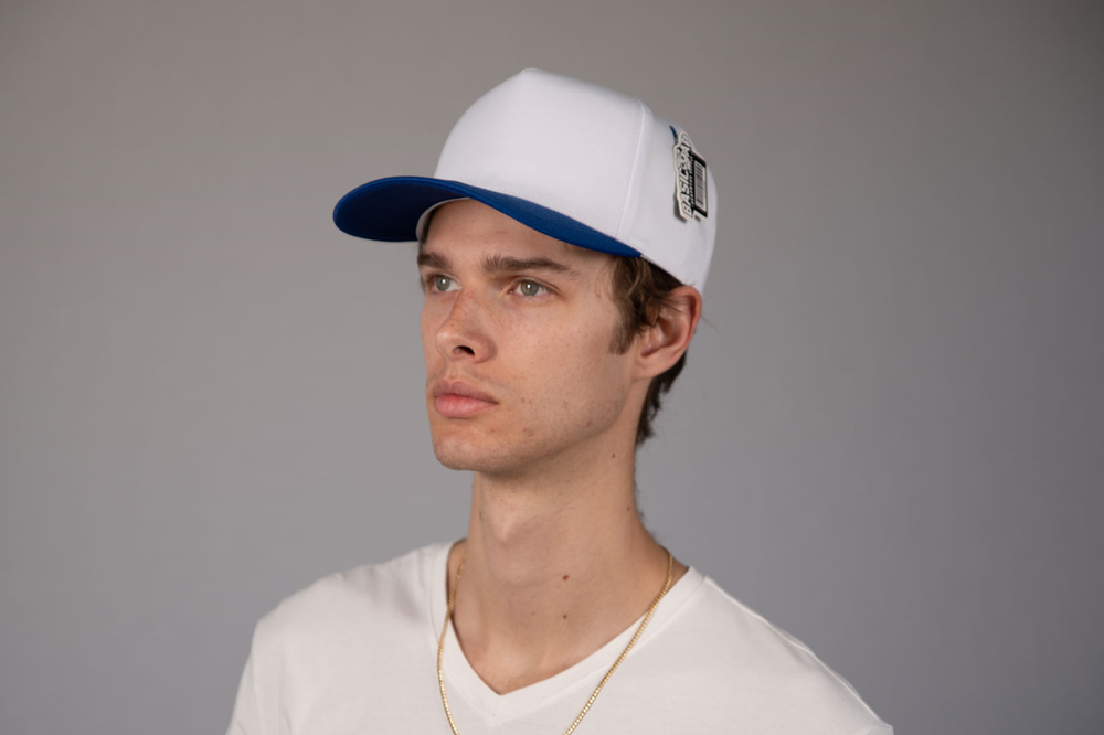 5-Panel Snapback (Curved Bill) — White / Royal Blue Bill — Dozen Pack