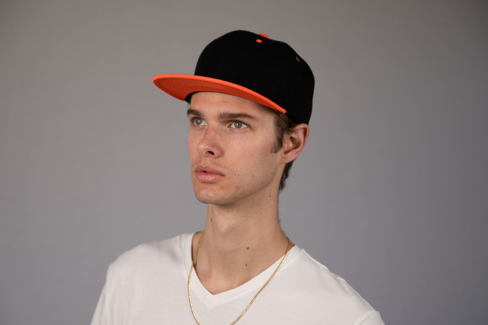 6-Panel Snapback (Flat Bill) — Black / Orange Bill — Dozen Pack