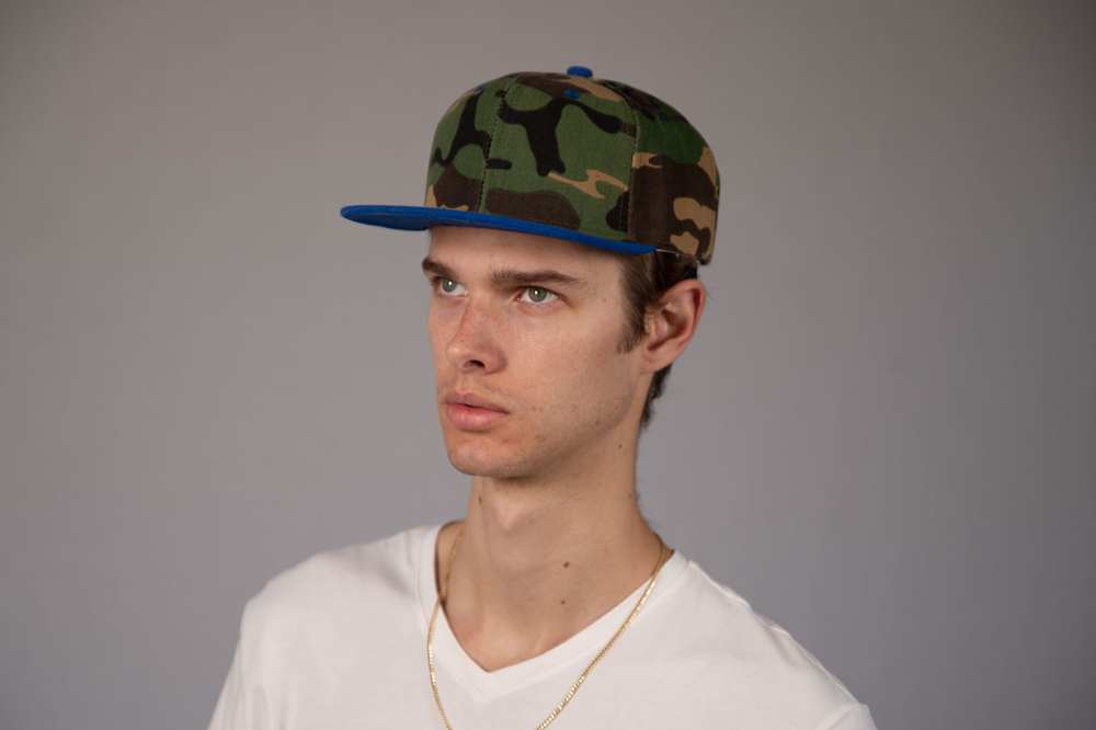 6-Panel Snapback (Flat Bill) — Camo / Royal Blue Bill — Dozen Pack