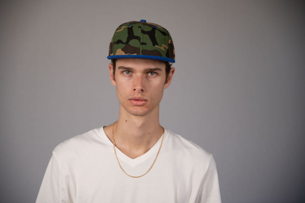 6-Panel Snapback (Flat Bill) — Camo / Royal Blue Bill — Dozen Pack secondary