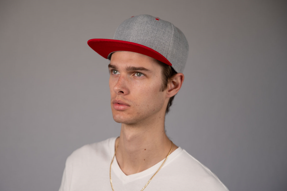 6-Panel Snapback (Flat Bill) — Heather Grey / Red Bill — Dozen Pack