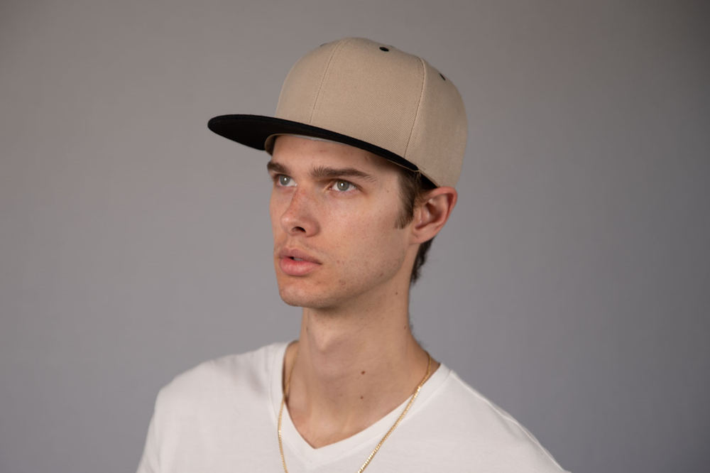 6-Panel Snapback (Flat Bill) — Khaki / Black Bill — Dozen Pack
