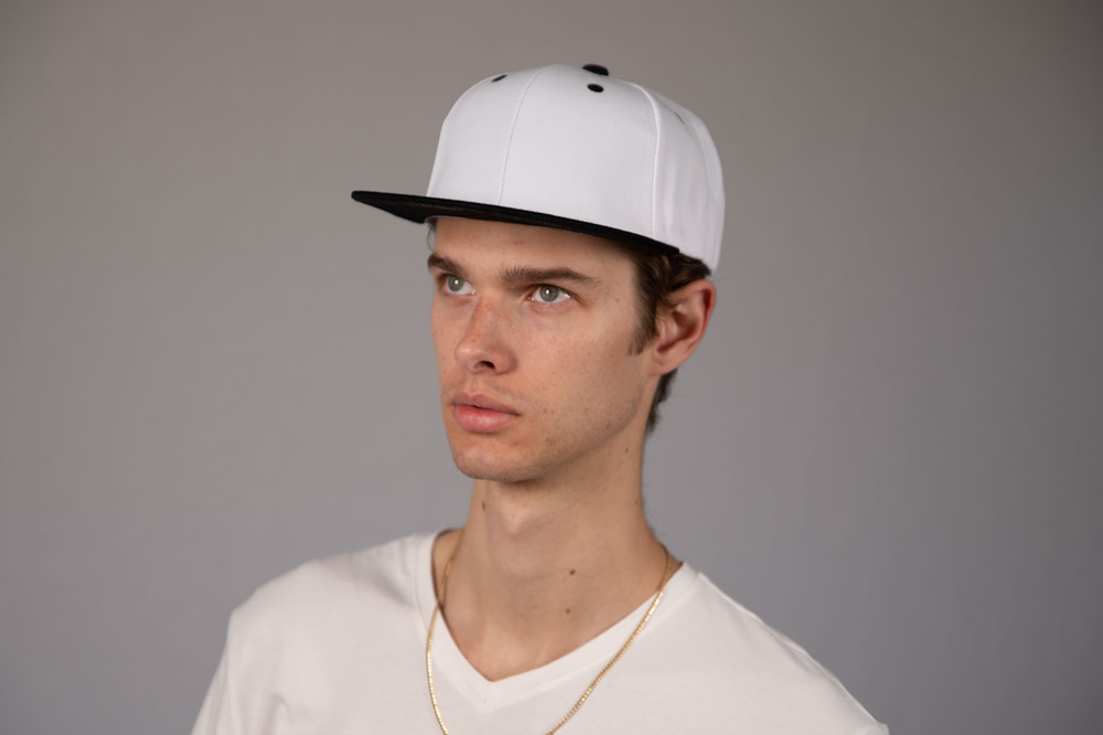 6-Panel Snapback (Flat Bill) — White / Black Bill — Dozen Pack