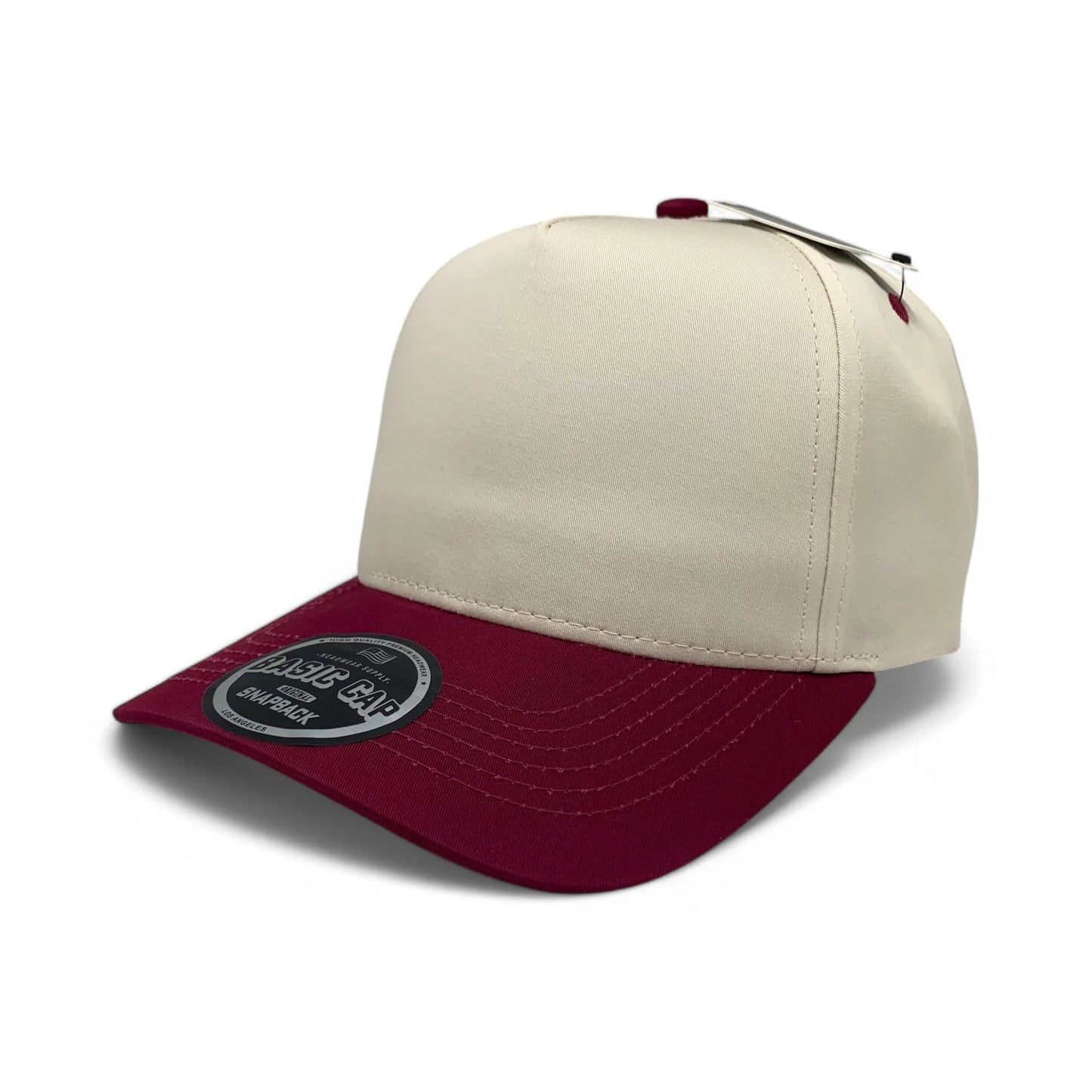5-Panel Snapback (Curved Bill) — Natural / Burgundy Bill — Dozen Pack