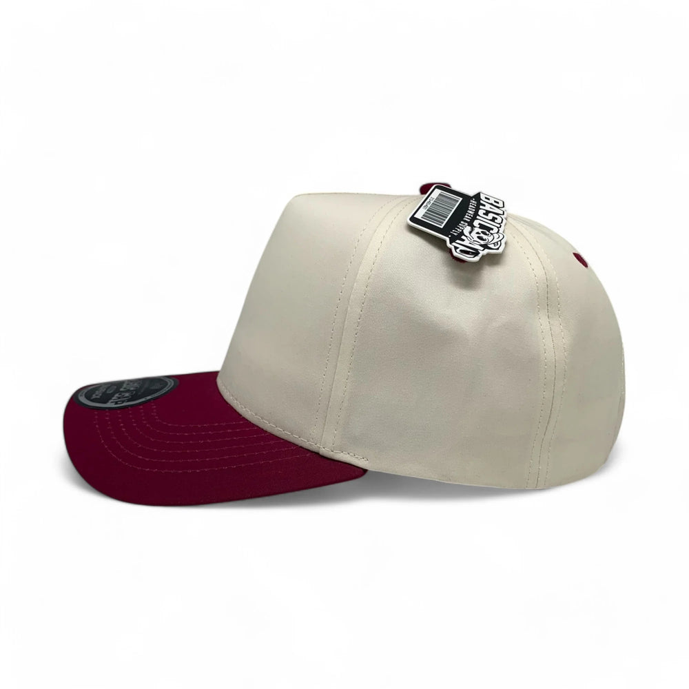 5-Panel Snapback (Curved Bill) — Natural / Maroon Bill — Dozen Pack secondary