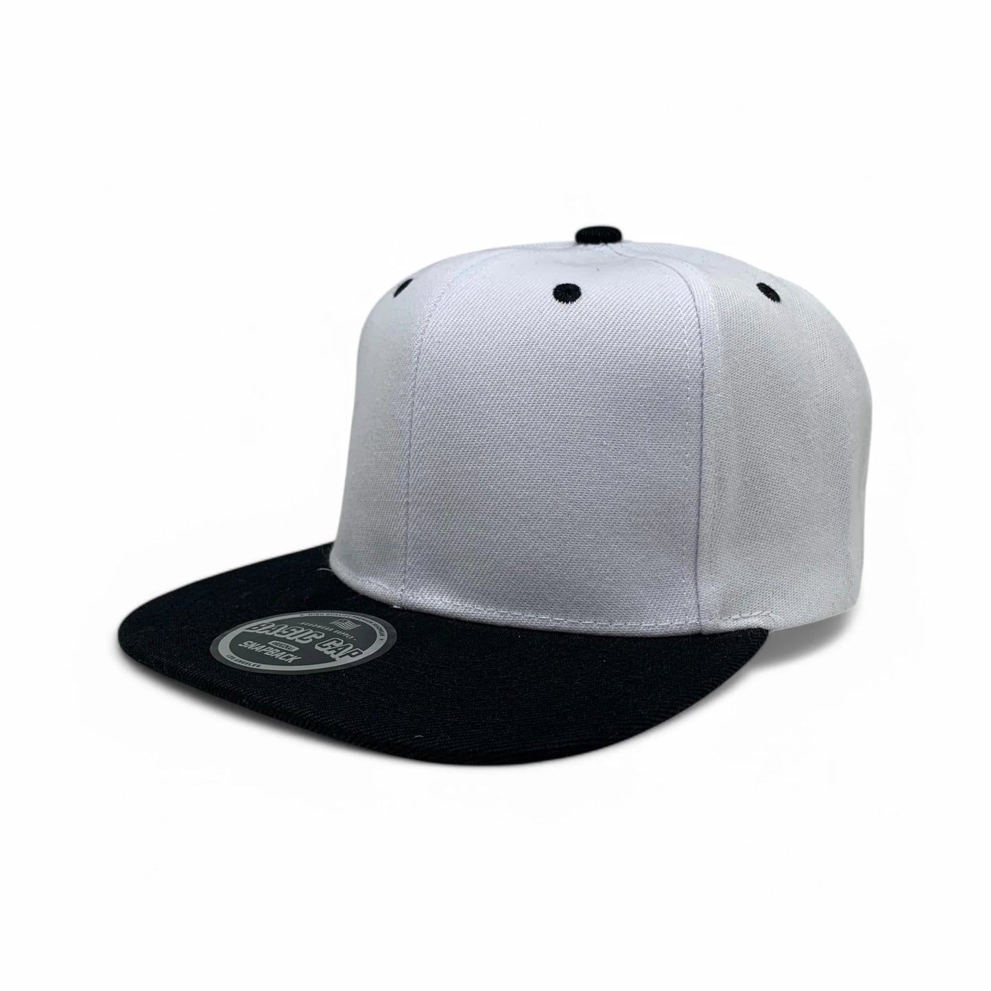 6-Panel Snapback (Flat Bill) — White / Black Bill — Dozen Pack